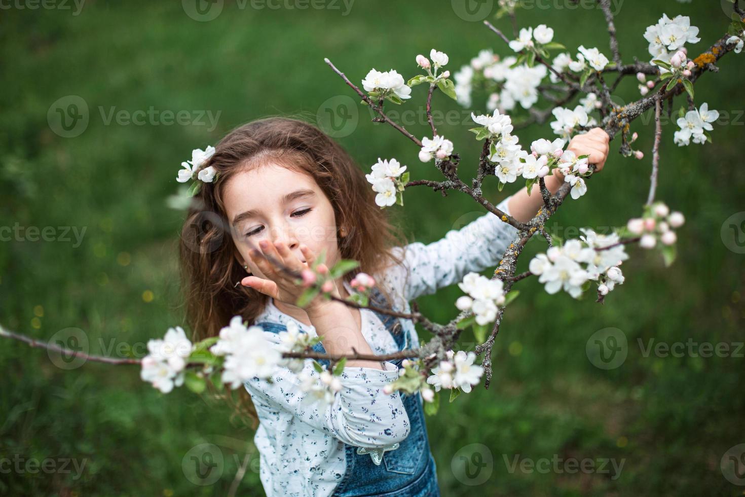 une jolie petite fille de 5 ans dans un verger de pommiers blancs en fleurs au printemps. printemps, verger, floraison, allergie, parfum printanier, tendresse, soin de la nature. portrait photo