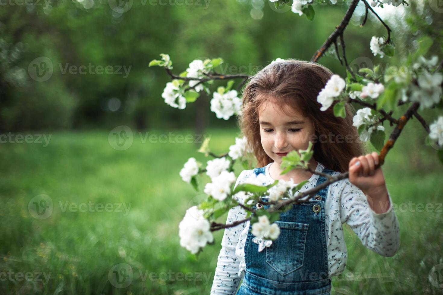 une jolie petite fille de 5 ans dans un verger de pommiers blancs en fleurs au printemps. printemps, verger, floraison, allergie, parfum printanier, tendresse, soin de la nature. portrait photo