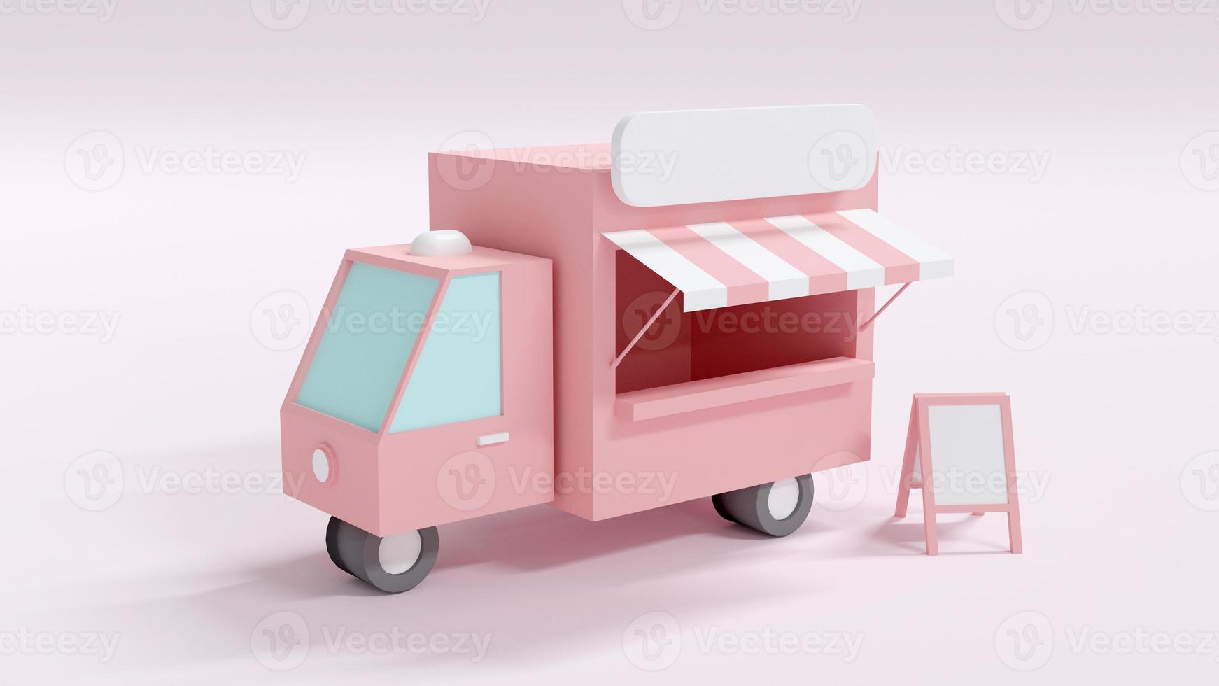 concept de rendu 3d de la nourriture. un camion de nourriture avec un signe vierge pour la conception commerciale sur le fond. rendu 3D. Illustration 3D. photo