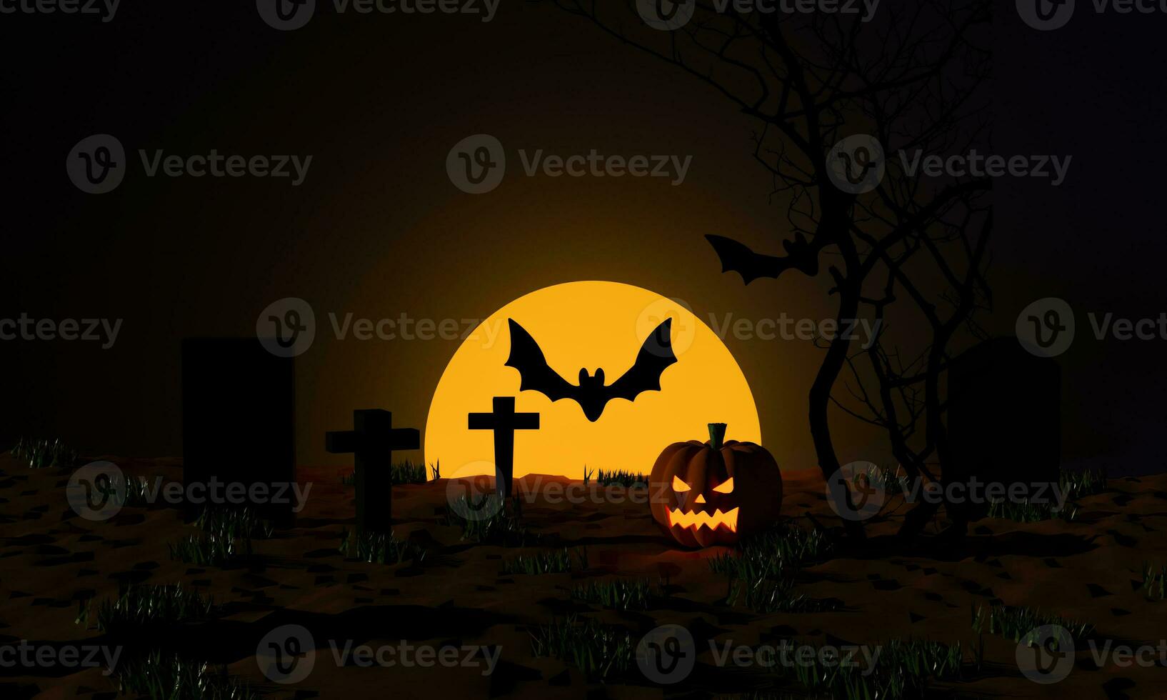 citrouilles d'halloween avec un cimetière et une chauve-souris volante dans la nuit effrayante au clair de lune. fête de tour ou de friandise. rendu 3d photo