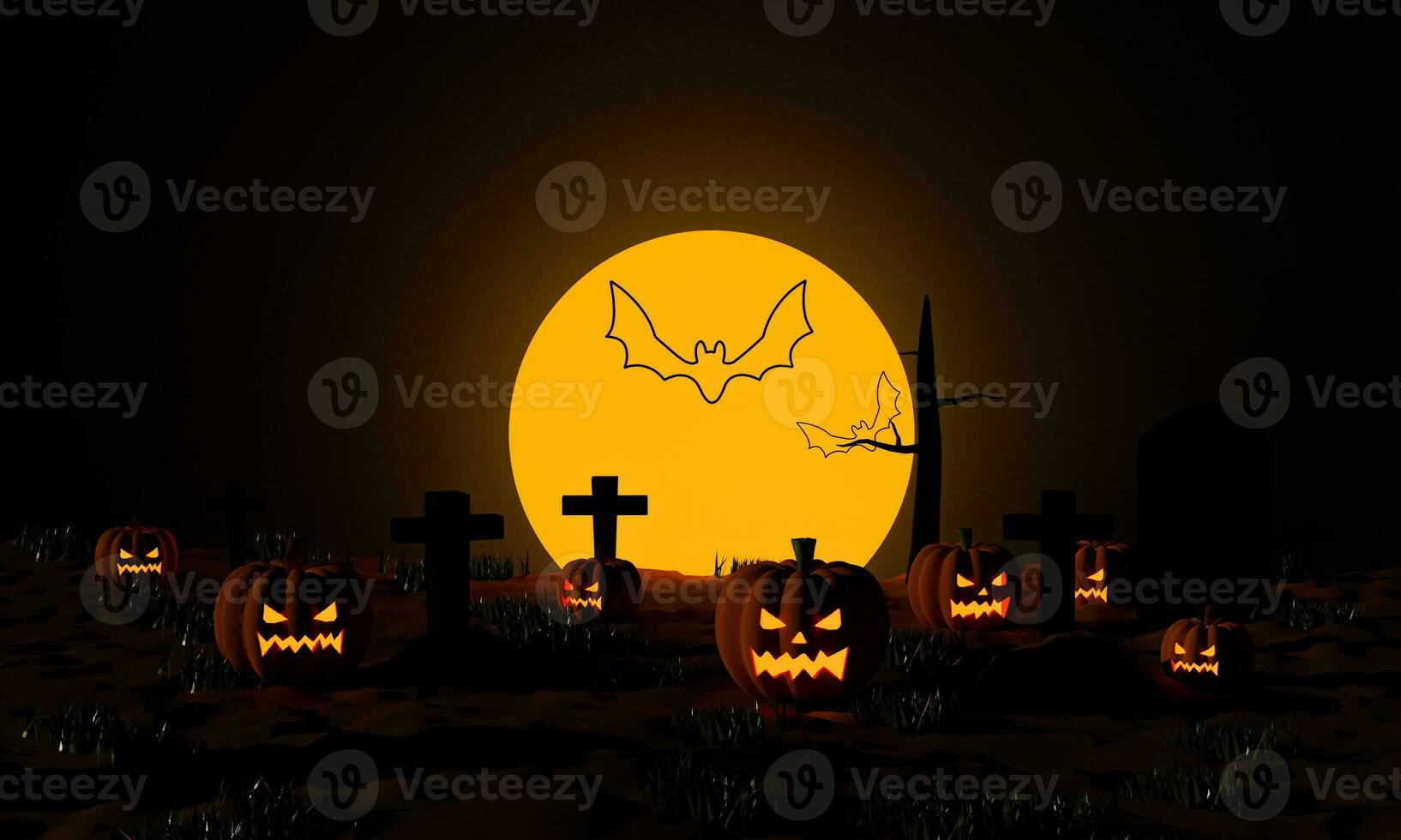 citrouilles d'halloween avec un cimetière et une chauve-souris volante dans la nuit effrayante au clair de lune. rendu 3d photo