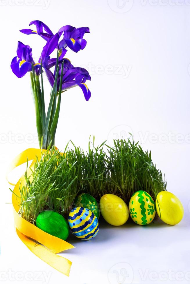 oeufs de pâques dans l'herbe verte fraîche photo