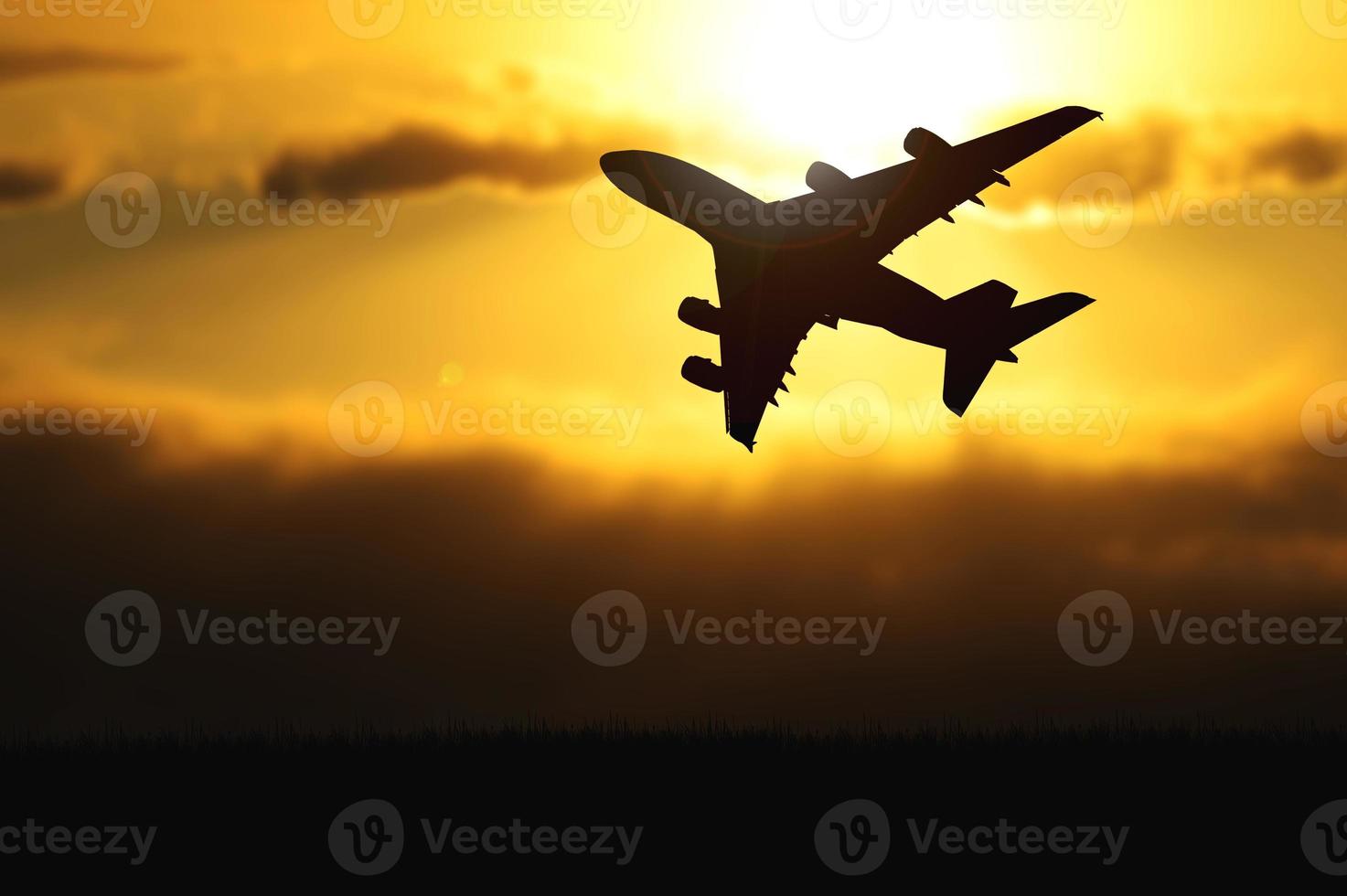 silhouette d'un avion de passagers décollant de l'aéroport le soir. photo