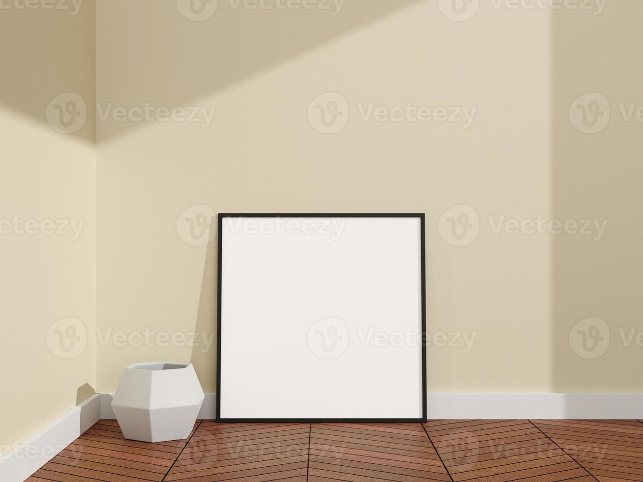 affiche noire carrée minimaliste et propre ou maquette de cadre photo dans une pièce au sol en bois. rendu 3d.