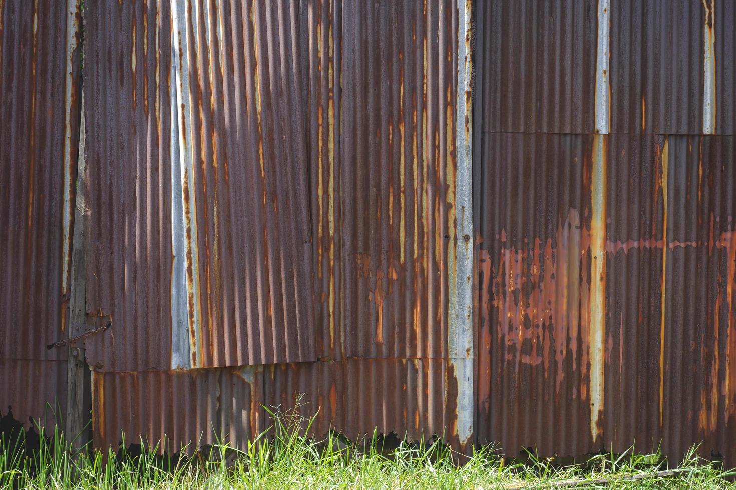 l'ancien mur de zinc ondulé rouillé et vieilli avec de l'herbe verte photo