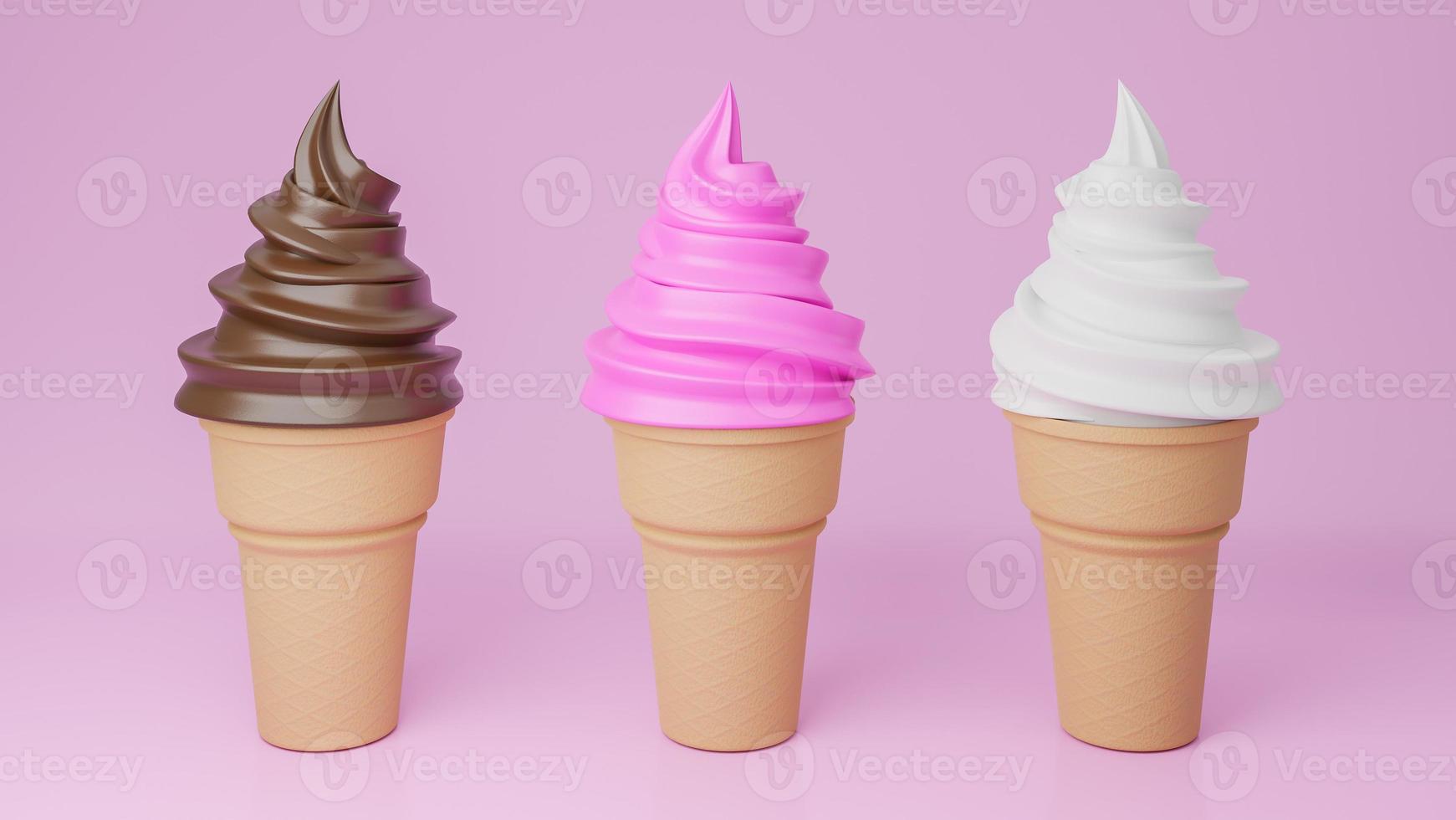 crème glacée molle aux saveurs de chocolat, de vanille et de fraise sur un cône croustillant sur fond rose., modèle 3d et illustration. photo