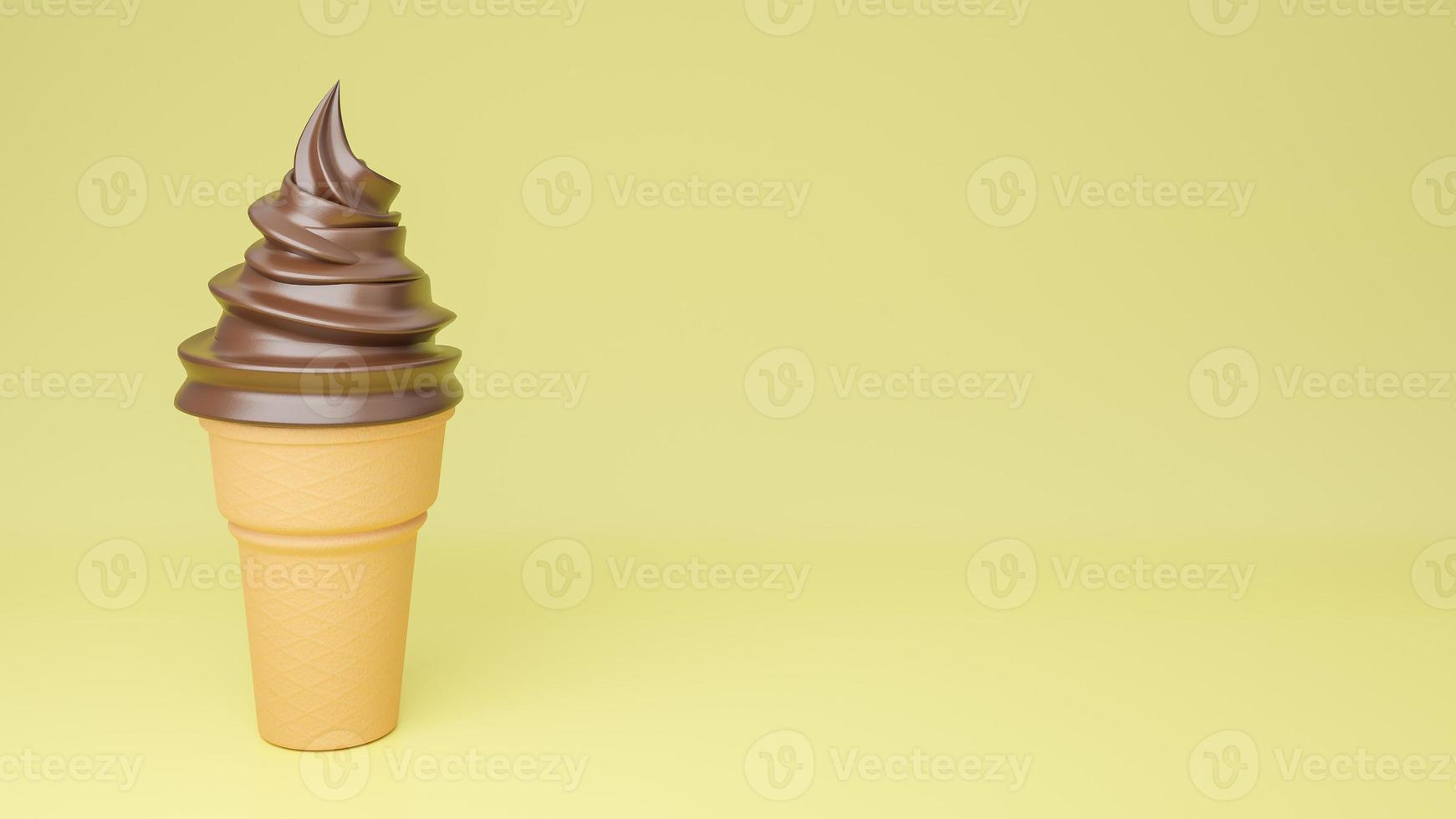 crème glacée molle aux saveurs de chocolat sur cône croustillant sur fond jaune., modèle 3d et illustration. photo