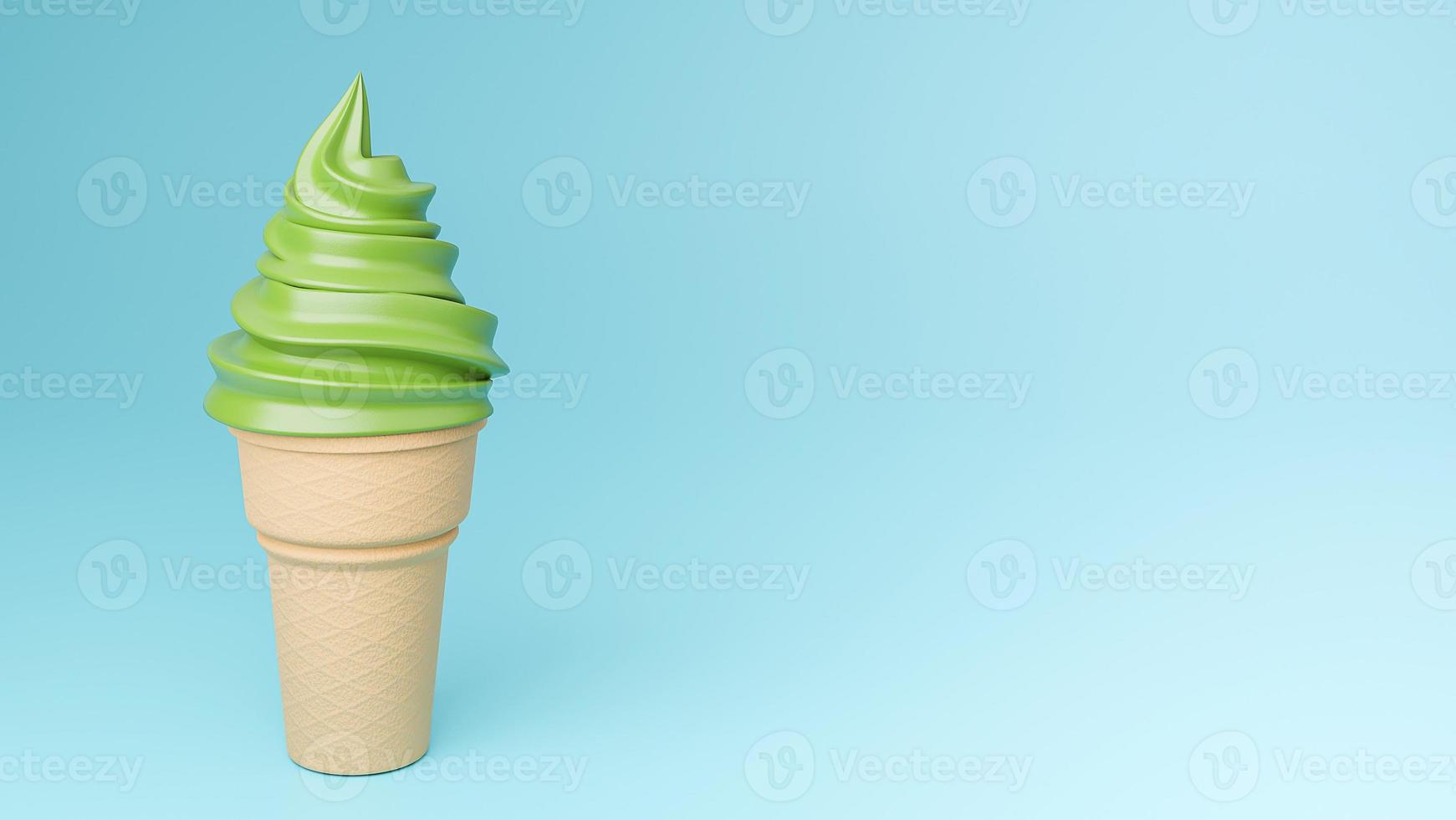 crème glacée molle aux saveurs de thé vert sur cône croustillant sur fond bleu., modèle 3d et illustration. photo