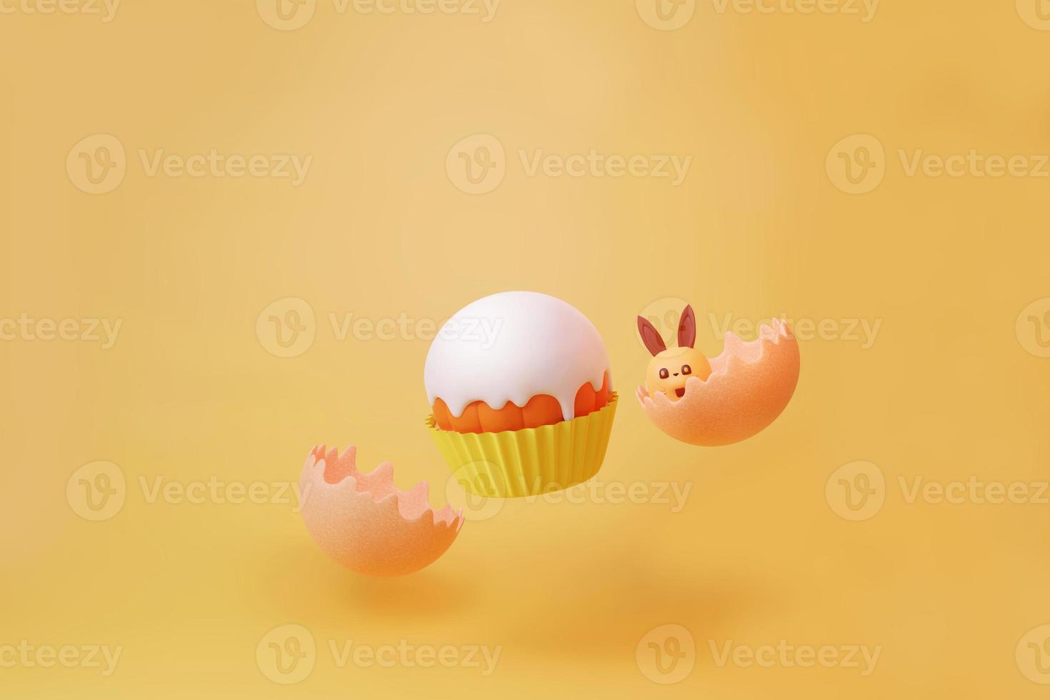 petit gâteau volant et bébé lapin cassé de l'oeuf pour le jour de l'oeuf de pâques et la célébration illustration 3d photo
