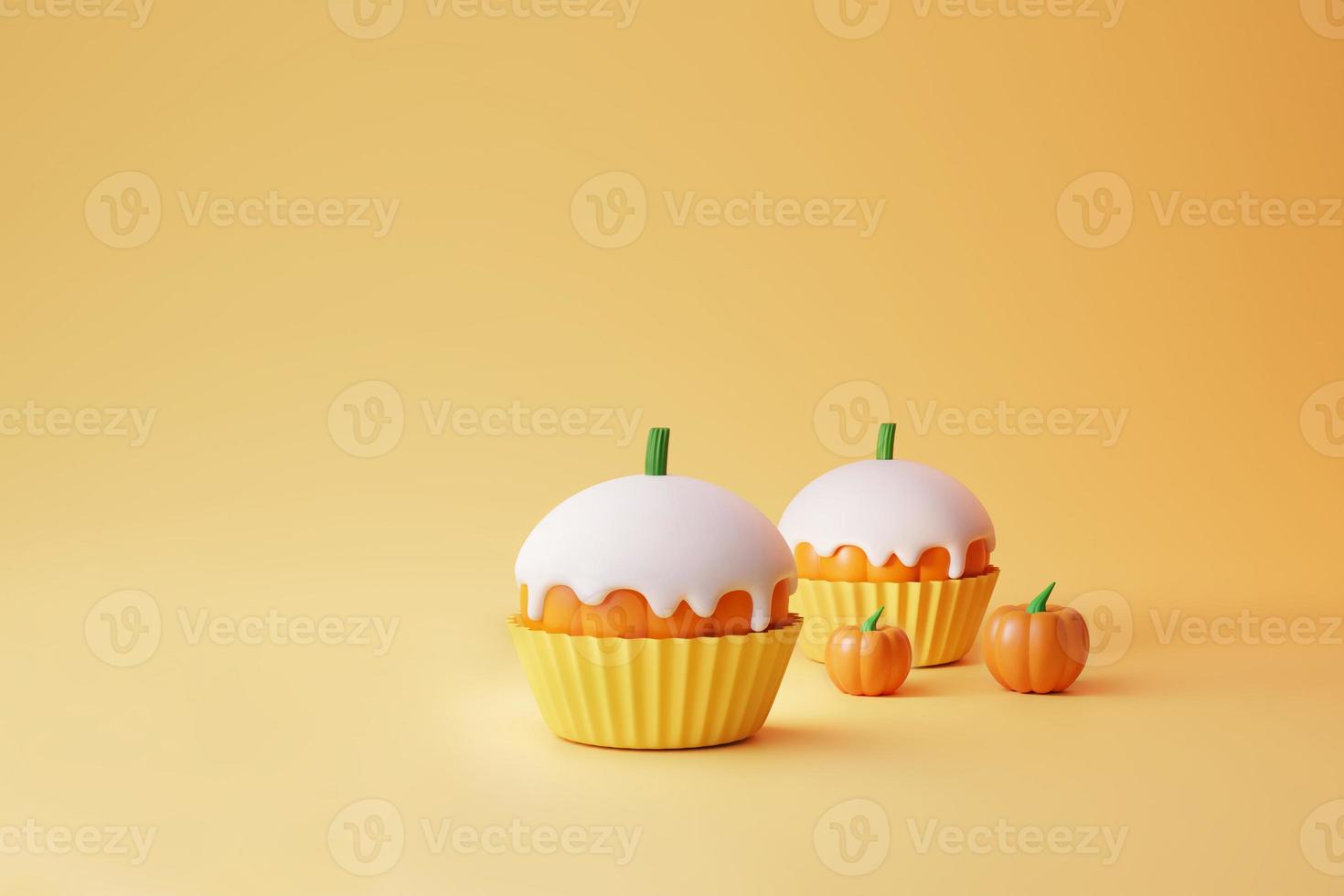 petit gâteau à la citrouille minimal avec glaçage blanc pour halloween à venir dans le fond d'automne photo