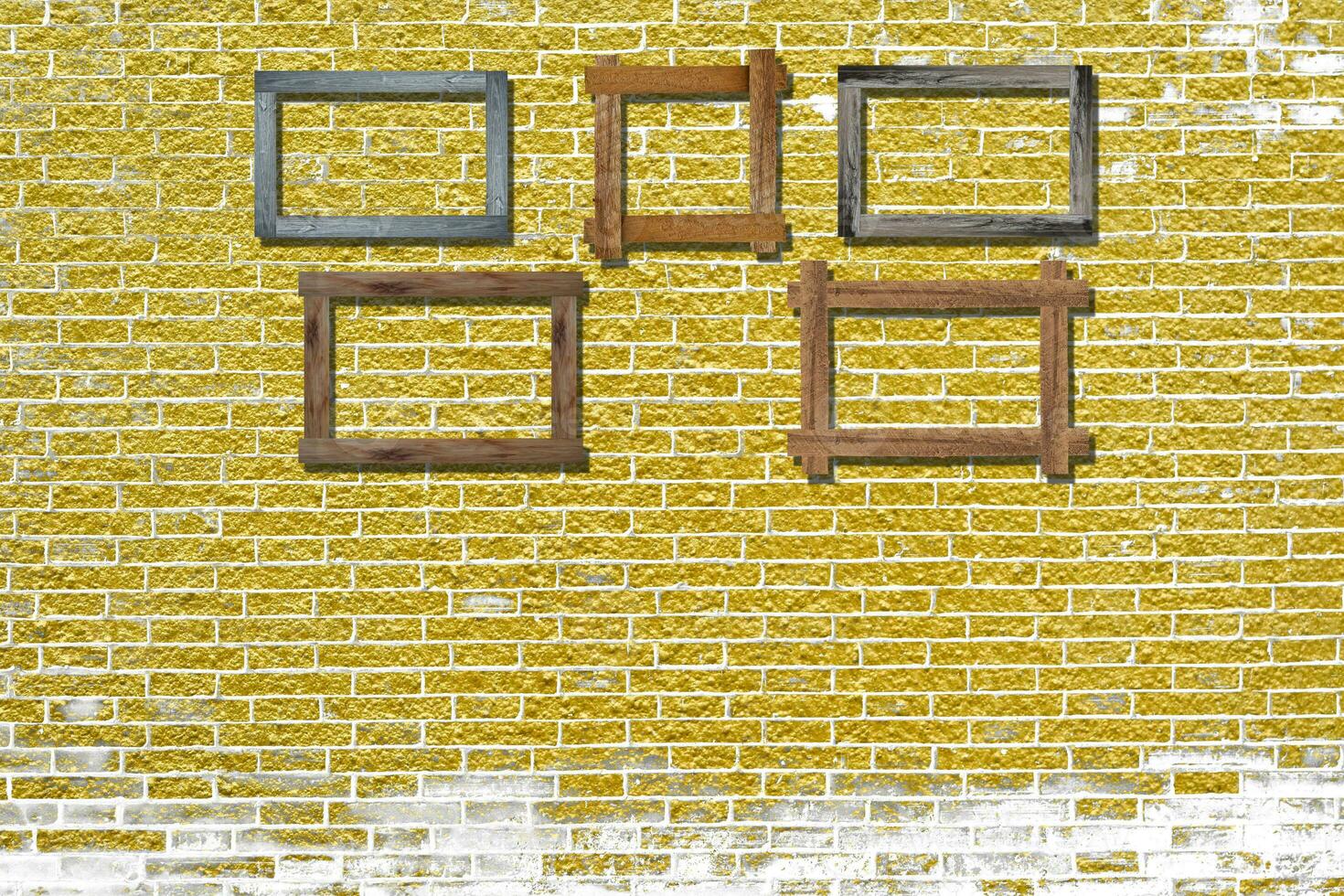 Cadres photo vintage 3d sur mur de briques dorées pour l'intérieur ou l'arrière-plan.