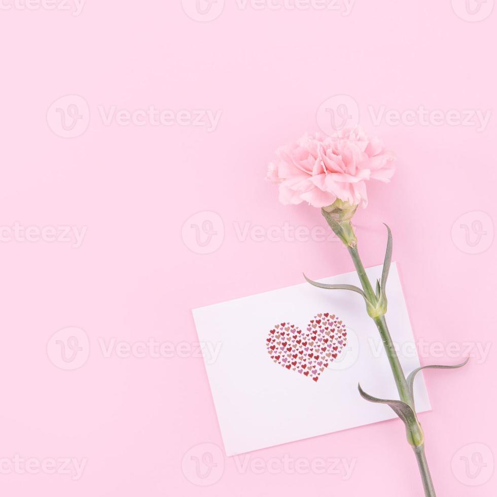 beau bouquet de fleurs d'oeillet frais et élégant avec carte-cadeau de remerciement de salutation blanche isolée sur fond de couleur rose vif, vue de dessus, concept de mise à plat. photo