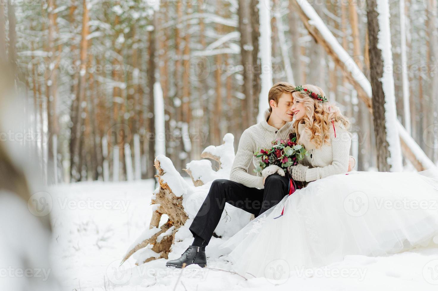 Séance photo de mariage d'hiver dans la nature