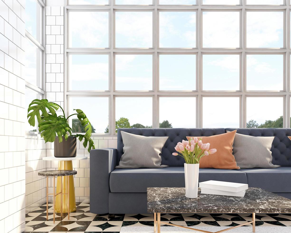 salon avec panneau de fenêtre blanc, canapé et plantes vertes, table centrale en marbre et table d'appoint. rendu 3d photo