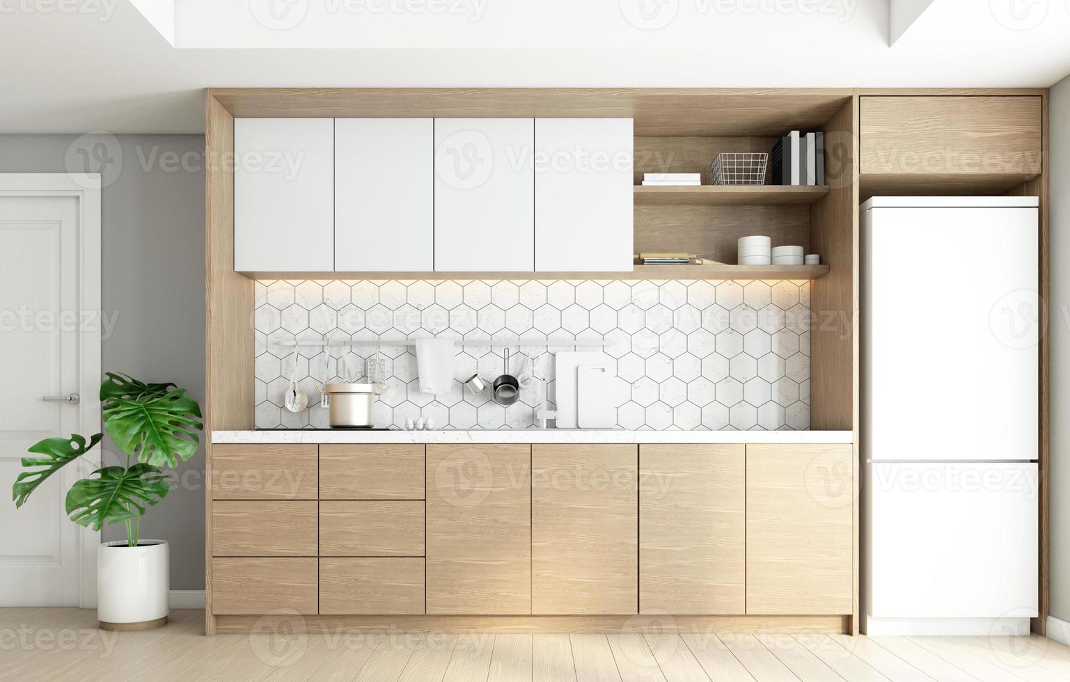 cuisine de style minimaliste avec comptoir intégré et armoire en bois. rendu 3d photo