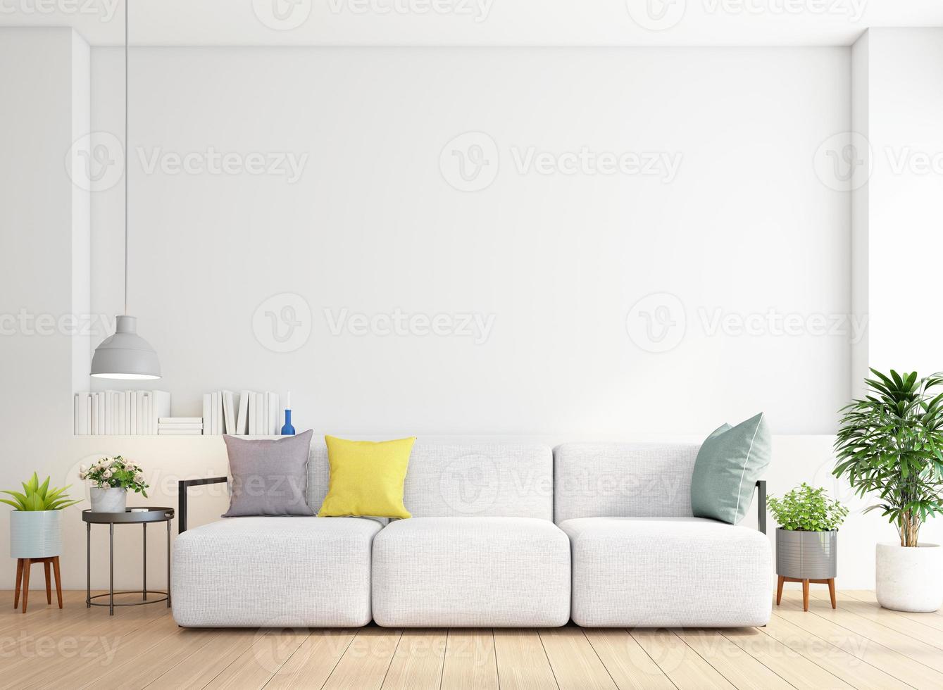 salon minimaliste avec canapé et table d'appoint. mur blanc et parquet. rendu 3d photo