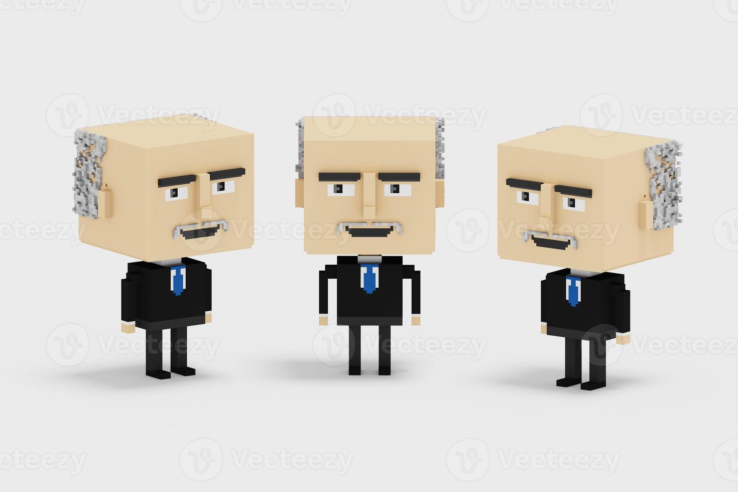 Homme d'affaires d'illustration 3d dans un costume noir et un bloc de cube de cravate bleue. Voxels de rendu 3d sur fond blanc. debout sous différents angles. photo