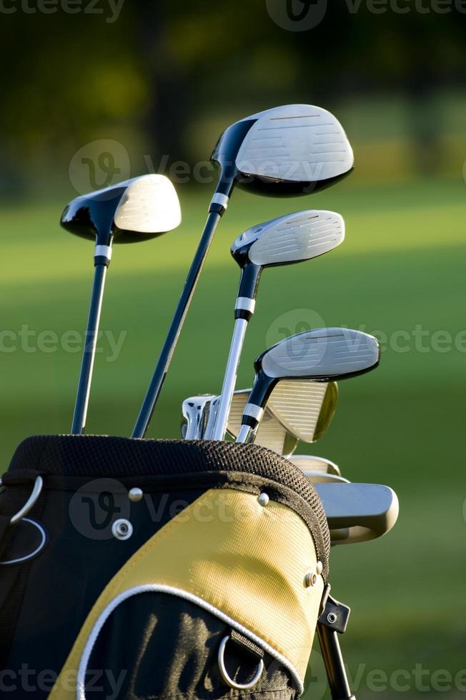 cinq clubs de golf dans un sac de golf sur le parcours de golf photo