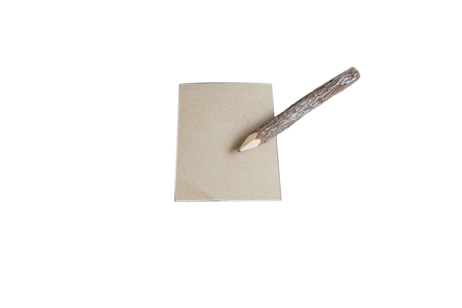morceau de papier brun vierge et crayon en bois isolé sur fond blanc. photo