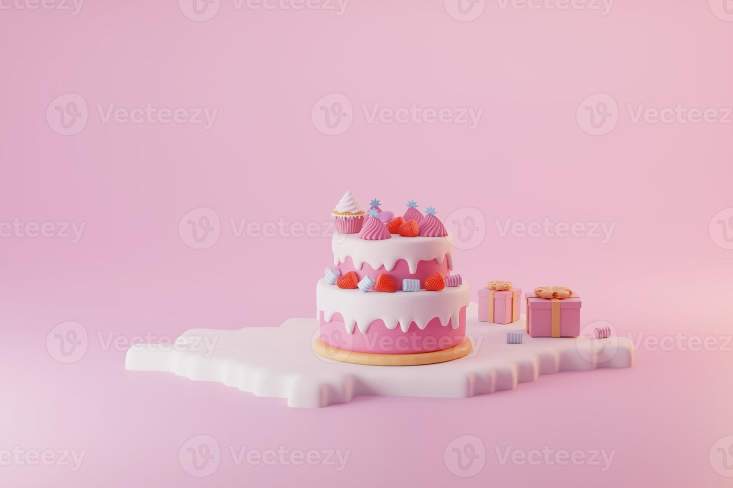 gâteau rose minimal et glaçage blanc avec fraise rouge, garniture de guimauve dans la boîte carte de voeux pour la saint valentin et la célébration photo