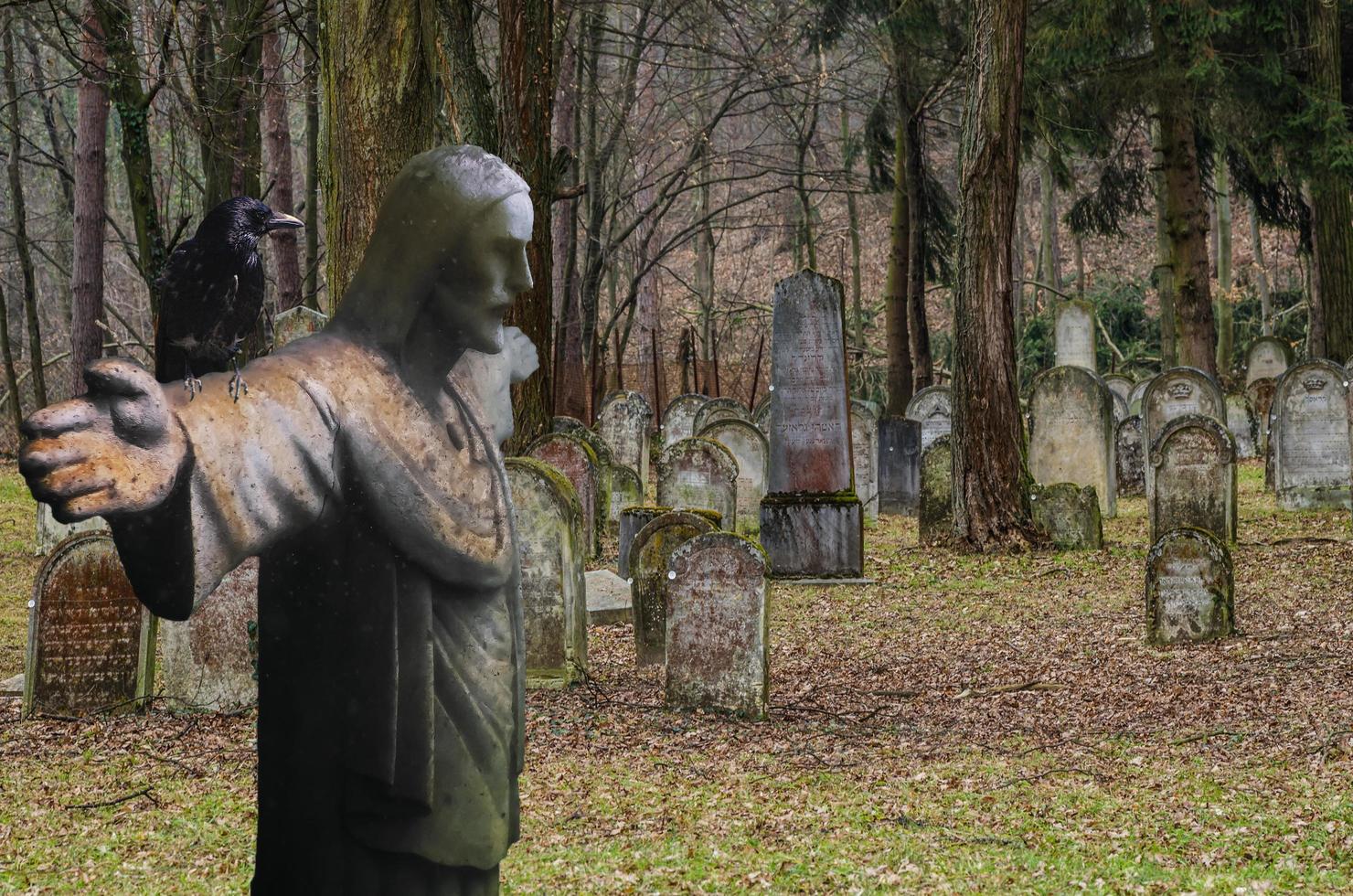 statue de jésus en prière pour la liberté avec un corbeau noir sur un cimetière avec des pierres tombales de la guerre photo