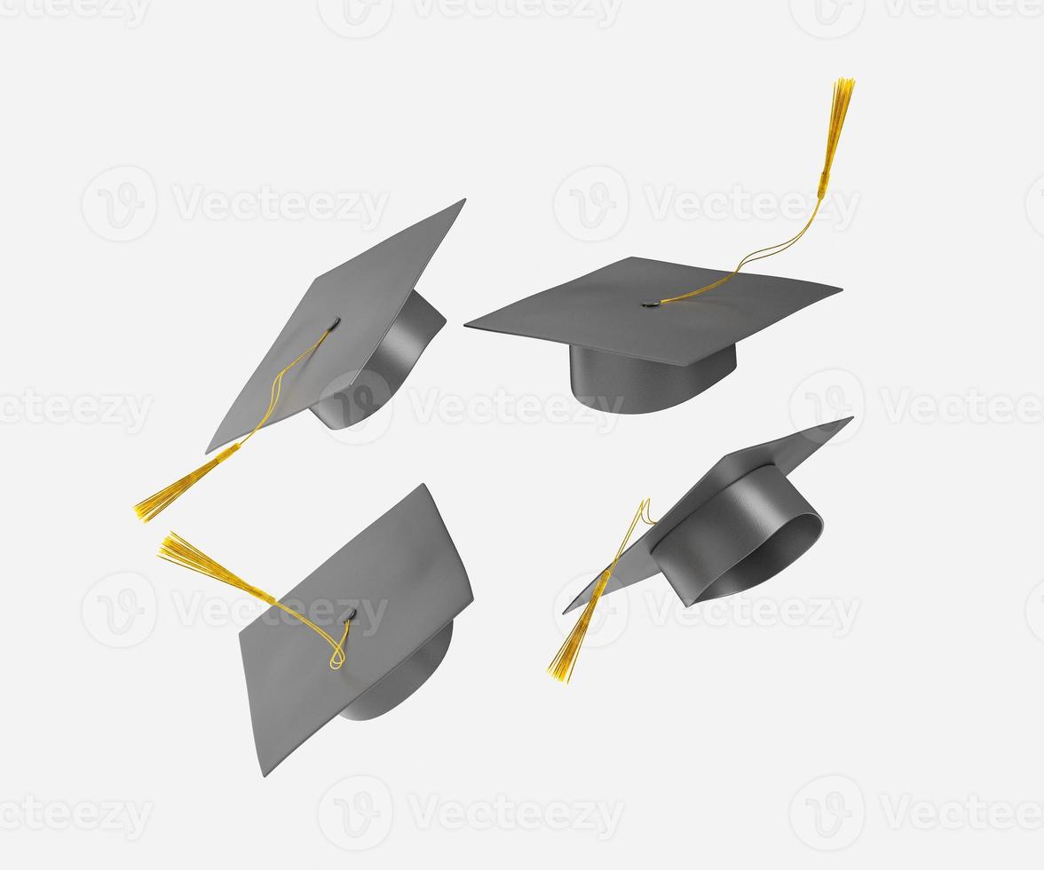 Illustration 3d de casquettes de graduation volantes pendant la célébration photo