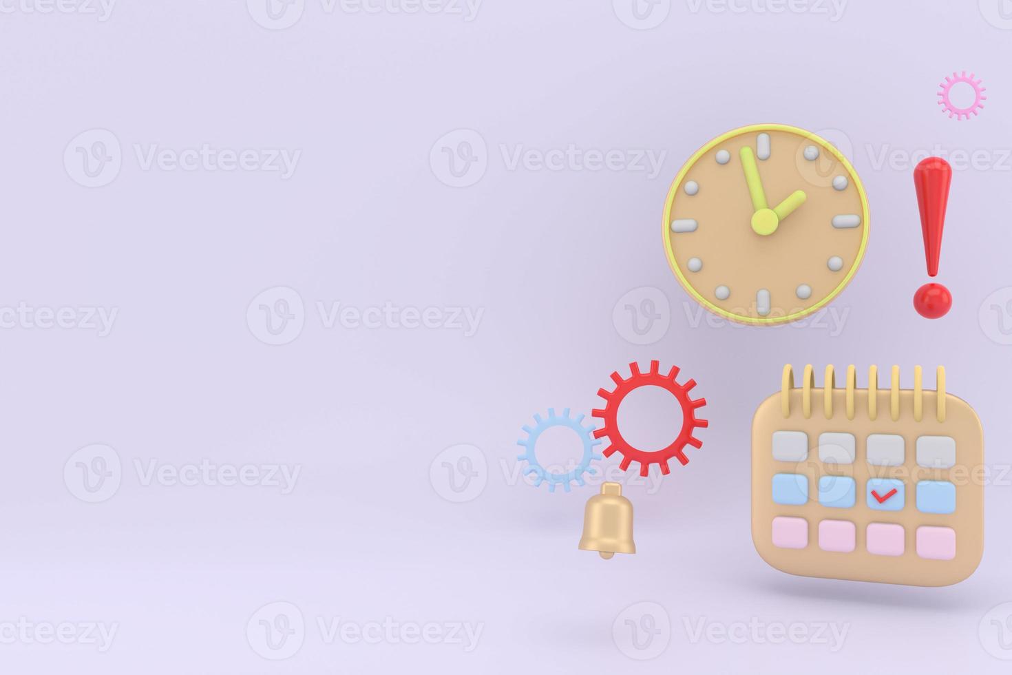rendu 3d du calendrier et de l'horloge des icônes des éléments de l'agenda avec espace de copie sur le concept d'arrière-plan de la gestion du temps. style de dessin animé d'illustration de rendu 3d. photo