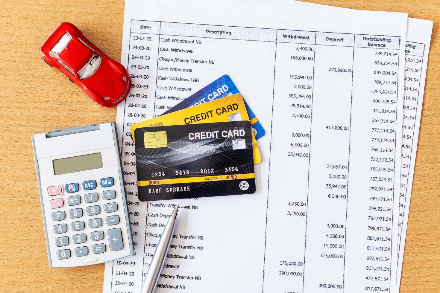 modèle de voiture et calculatrice sur relevé bancaire et carte de crédit sur une table en bois. photo