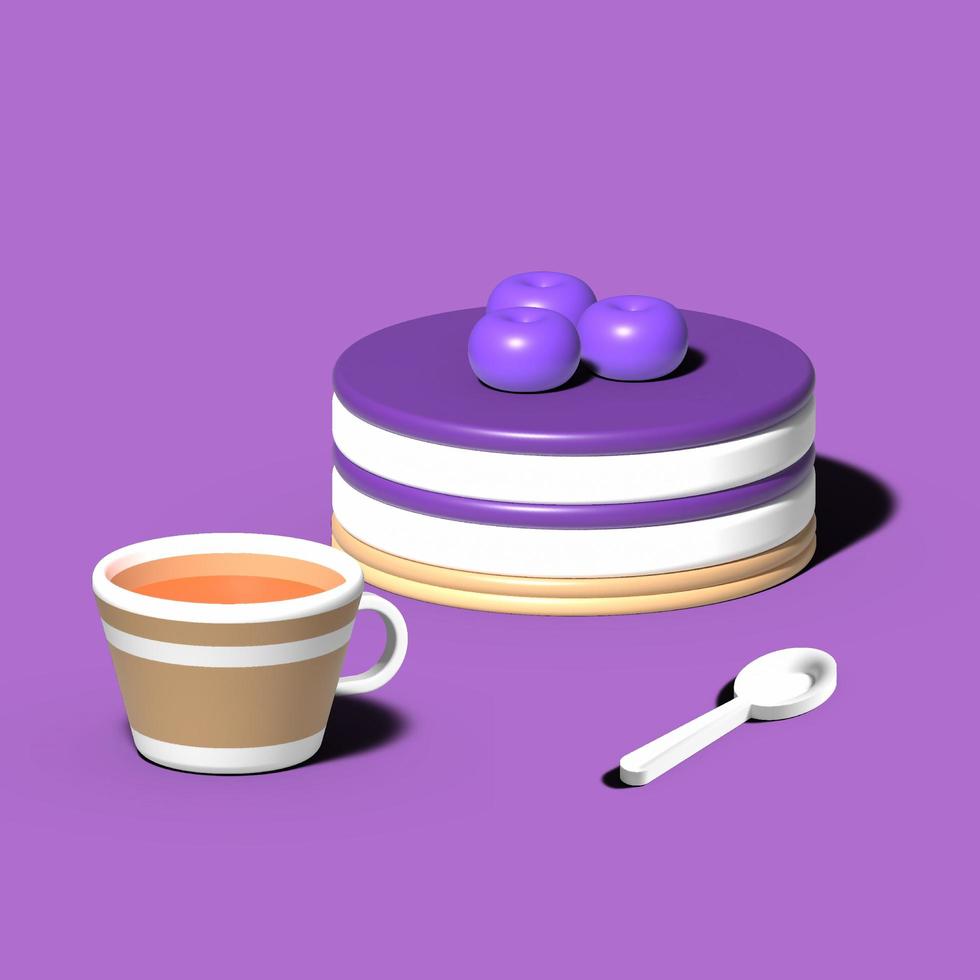 Illustration réaliste de cupcake aux fruits 3d. gâteau aux myrtilles, dessert au four, pâtisserie sucrée, confort de la maison, tasse de thé et cuillère objet 3d sur fond violet photo