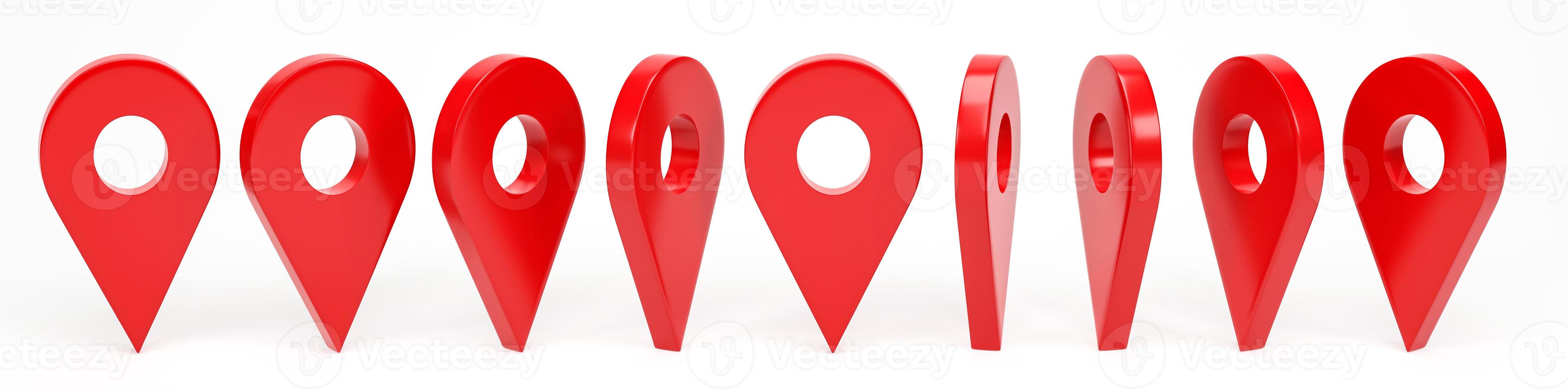 rendu 3d, illustration 3d. ensemble de points de localisation isolés sur fond blanc. idée pour les cartes et les applications de navigation. symboles de pointeurs de carte rouge. photo