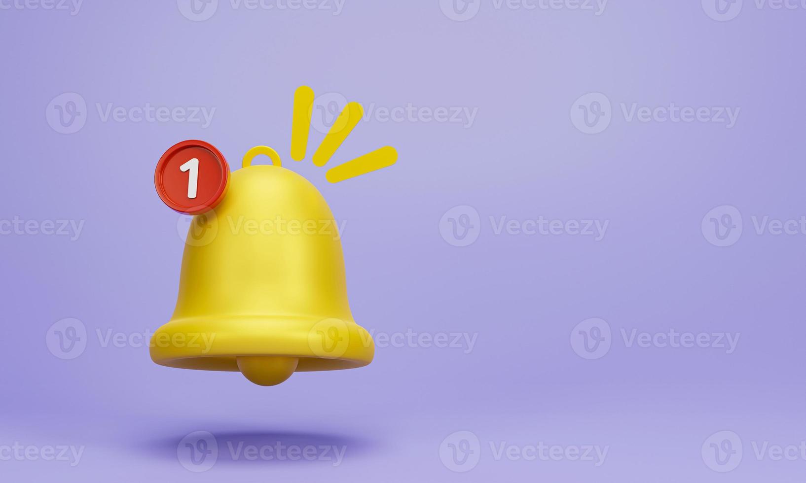 rendu 3d, illustration 3d. la cloche de notification jaune sonne avec une nouvelle notification sur fond violet. élément de médias sociaux minimal. photo