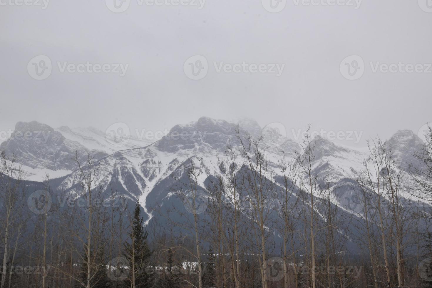 montagnes rocheuses couvertes de neige avec un ciel gris brumeux photo