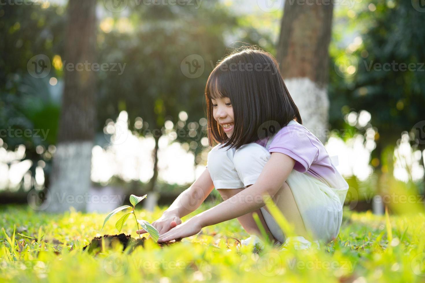 image petite fille asiatique tenant un jeune arbre dans sa main photo