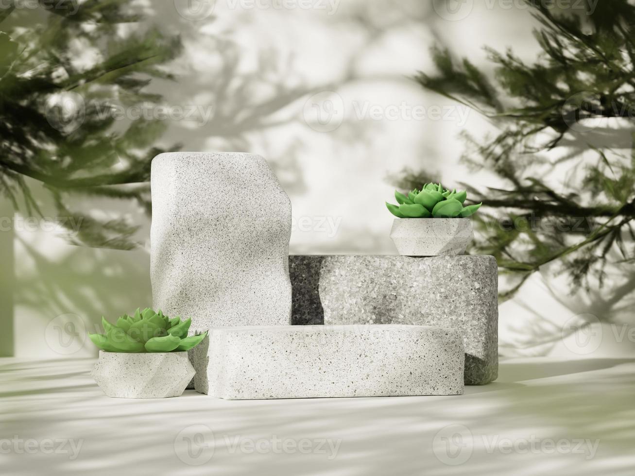 Podiums d'affichage en briques minimales 3d avec plantes succulentes et arbre sur fond blanc. rendu 3d d'une présentation réaliste pour la publicité des produits. illustration minimale 3d. photo