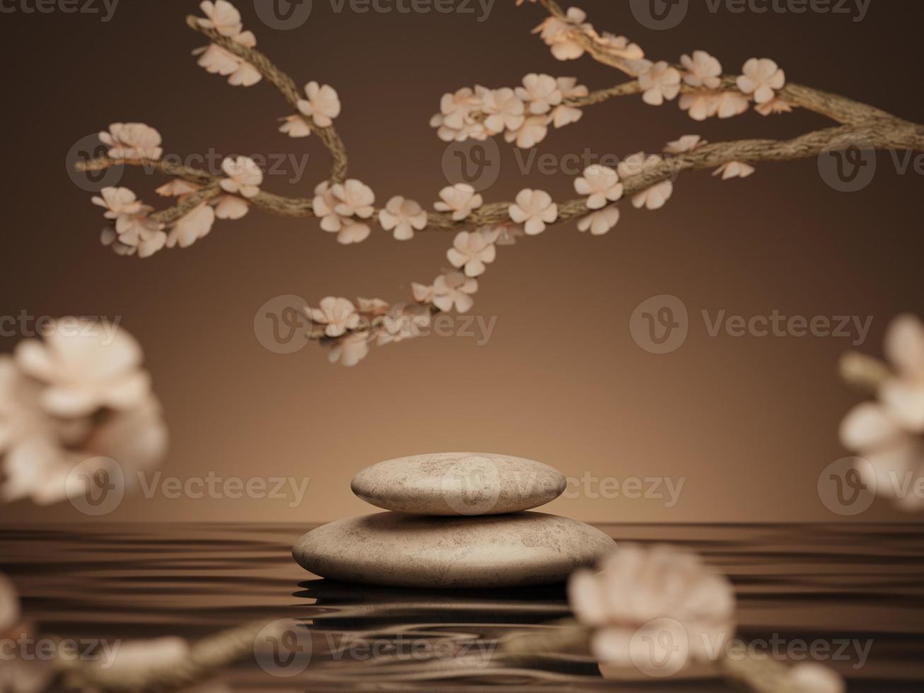 Les cailloux 3d affichent des podiums sur l'eau et la fleur de fleur de cerisier ou sakura. rendu 3d d'une présentation réaliste pour la publicité des produits. illustration minimale 3d. mise au point sélective. photo