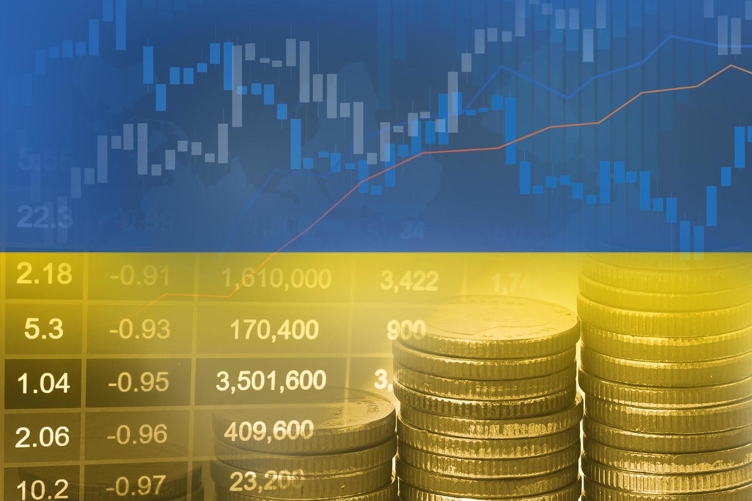 investissement boursier trading financier, pièce de monnaie et drapeau de l'ukraine ou forex pour analyser l'arrière-plan des données de tendance des affaires de financement des bénéfices. photo