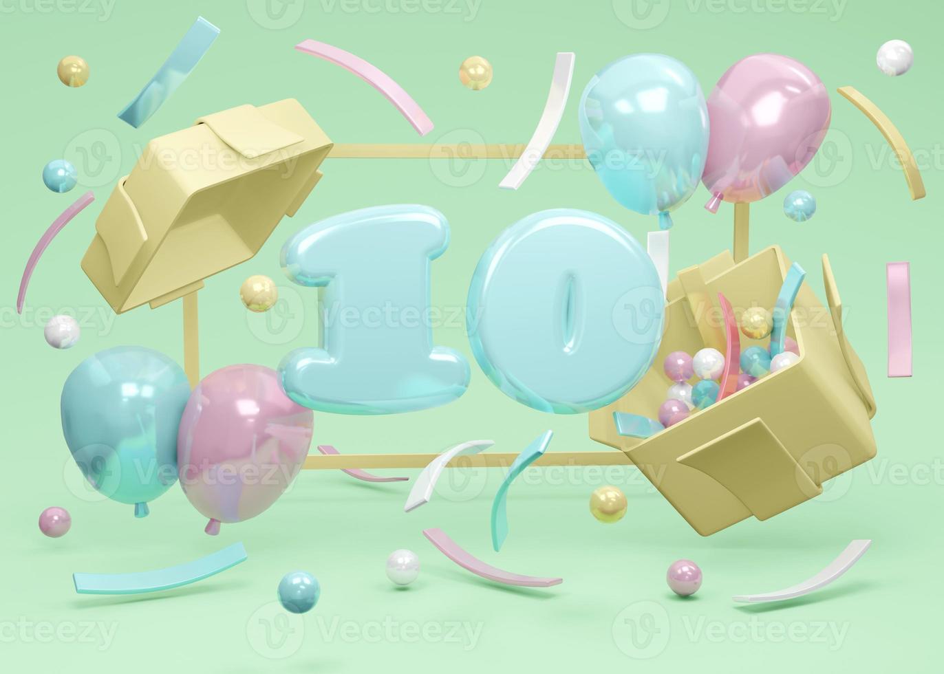 Concept de rendu 3d de joyeux anniversaire. l'anniversaire du numéro 10 explose de la boîte-cadeau avec des ballons et des confettis sur fond vert. rendu 3D. Illustration 3D. modèle de conception minimal. photo