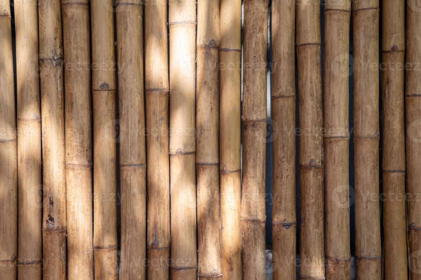 le fond en bambou et les lattes de fond sont disposés sur la cloison murale et la clôture le matin avec la lumière du soleil. photo