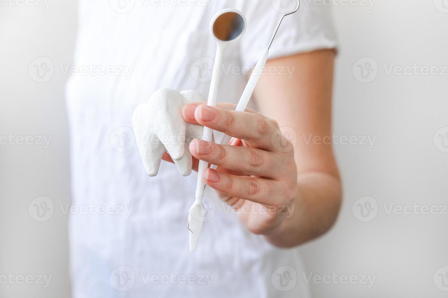 concept de soins dentaires de santé. main de femme tenant un modèle de dent saine blanche et des outils de dentiste dentaire isolés sur fond blanc. blanchiment des dents, hygiène bucco-dentaire, restauration des dents, journée du dentiste. photo