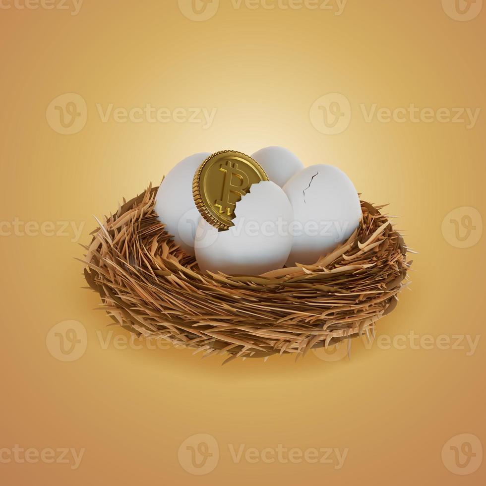 pièces de monnaie crypto fissurées à partir d'œufs de poule dans un nid d'oiseau 3d, rendu, illustration photo