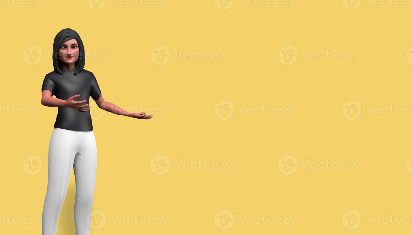 Personnage de dessin animé d'illustration 3d, belle fille pointant vers la droite, heureuse et souriante, debout devant un fond jaune photo