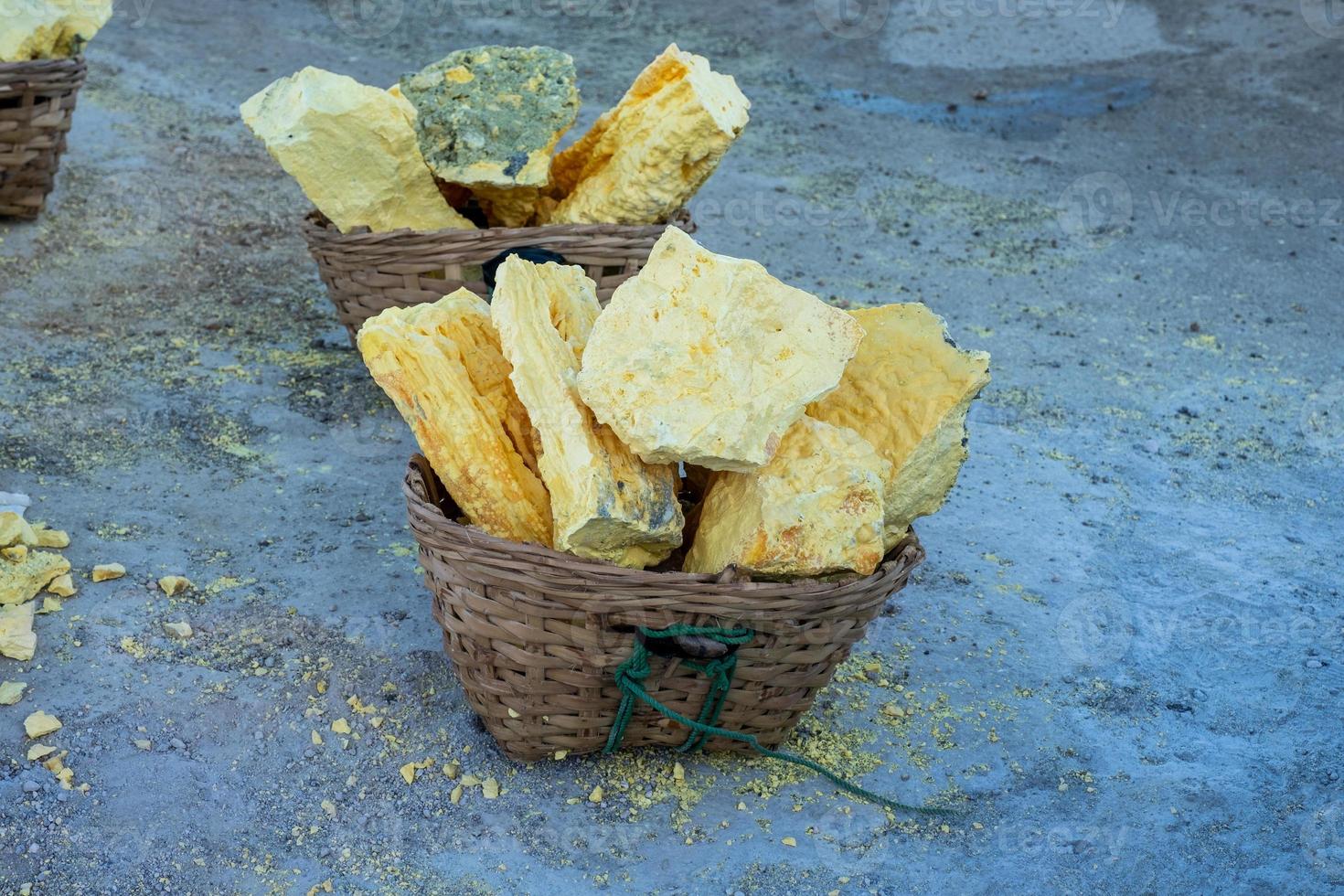 Morceau fissuré de soufre jaune sur le panier en bois photo