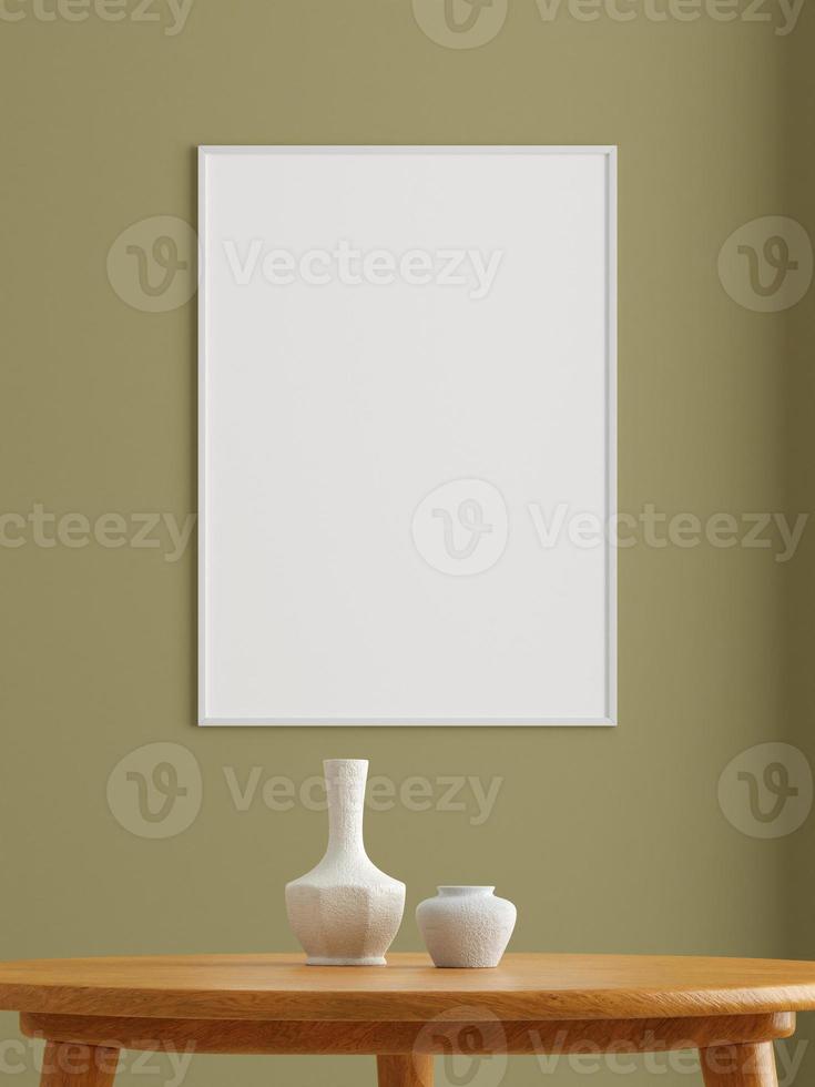 affiche blanche verticale minimaliste ou maquette de cadre photo sur le mur du salon. rendu 3d.