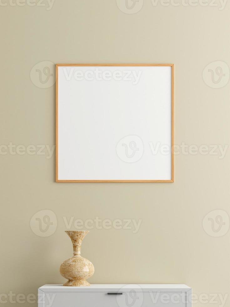 affiche carrée minimaliste en bois ou maquette de cadre photo sur le mur du salon avec bureau. rendu 3d.