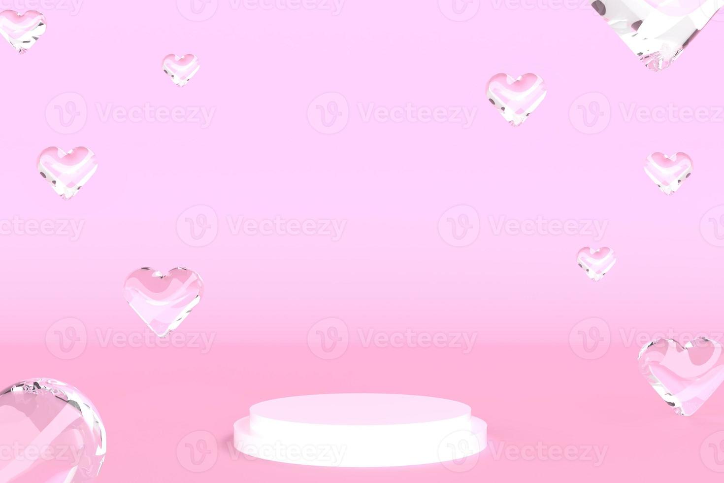 Rendu 3d coeur verre bulle flottante verre de cristal boule d'eau rose scène rond podium stand scène pour parfum soins de la peau produit cosmétique incandescent anneau ligne espace vide fond studio publicité photo