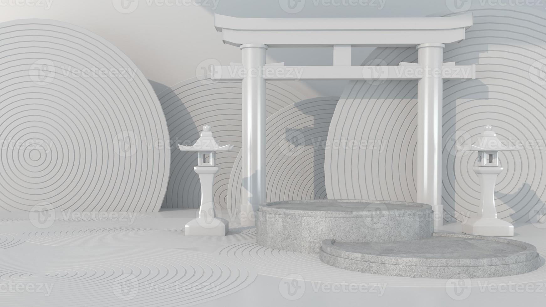 Rendu 3d passerelle japonaise torii et podium gris sur fond blanc pour produit premium photo