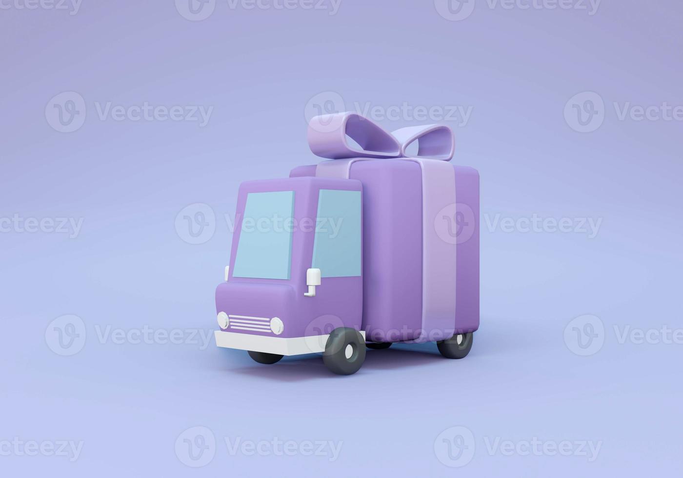 Rendu 3D du service de livraison. camion avec grande boîte-cadeau sur fond violet. illustration de rendu 3d. photo