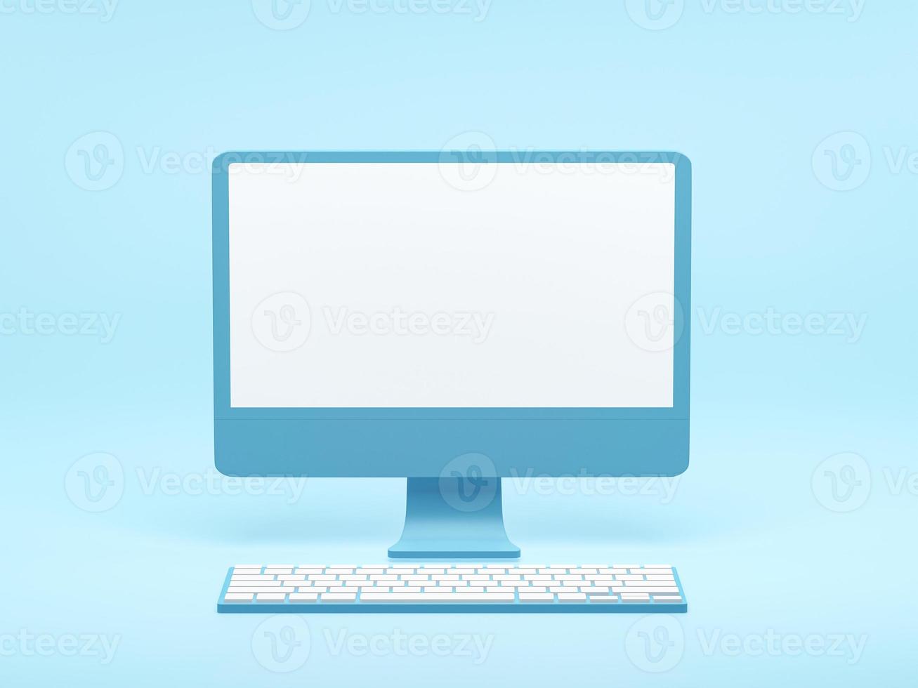 rendu 3d, illustration 3d. pc de bureau avec clavier sur fond bleu. écran d'ordinateur. idées créatives concept de design minimal. photo