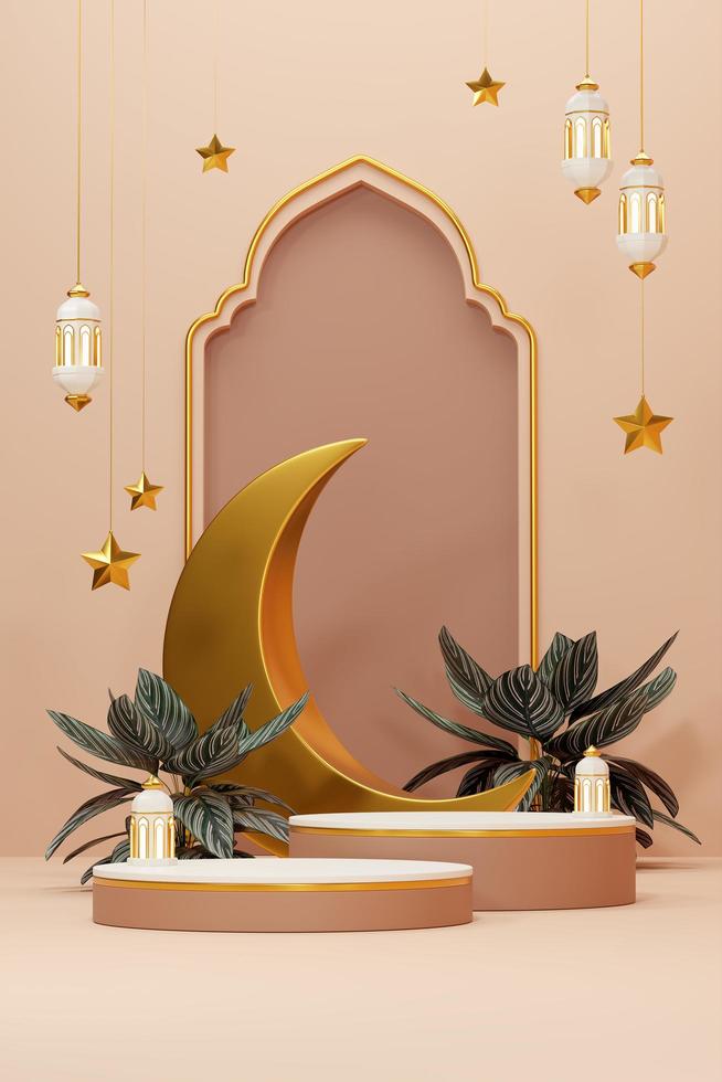 Image de rendu 3d du thème du ramadan et de l'eid fitr adha mubarak avec des objets de décoration islamiques photo