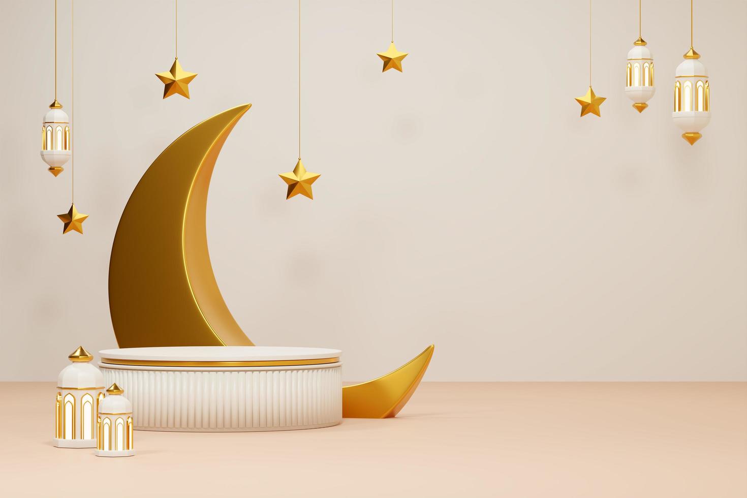 Image de rendu 3d du thème du ramadan et de l'eid fitr adha mubarak avec des objets de décoration islamiques photo